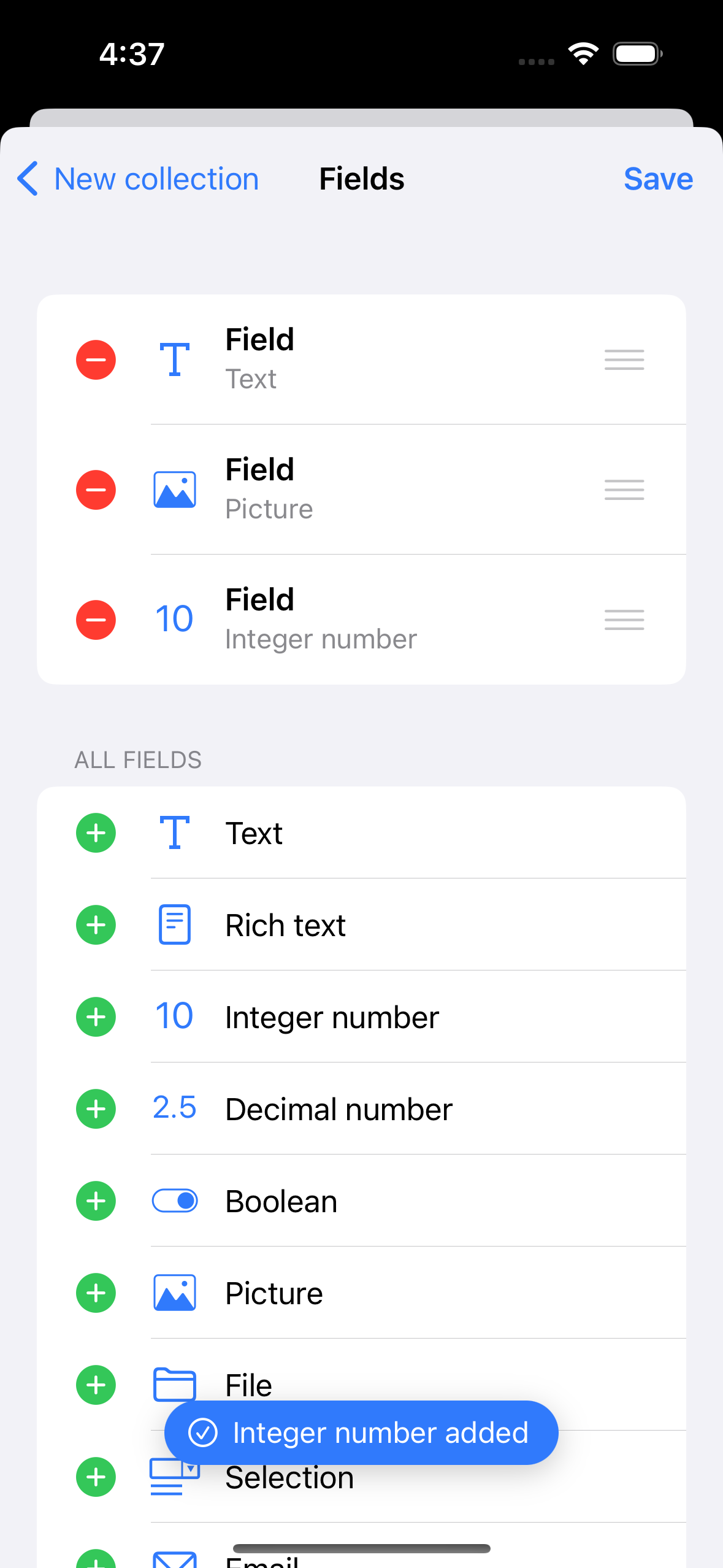 New collection fields